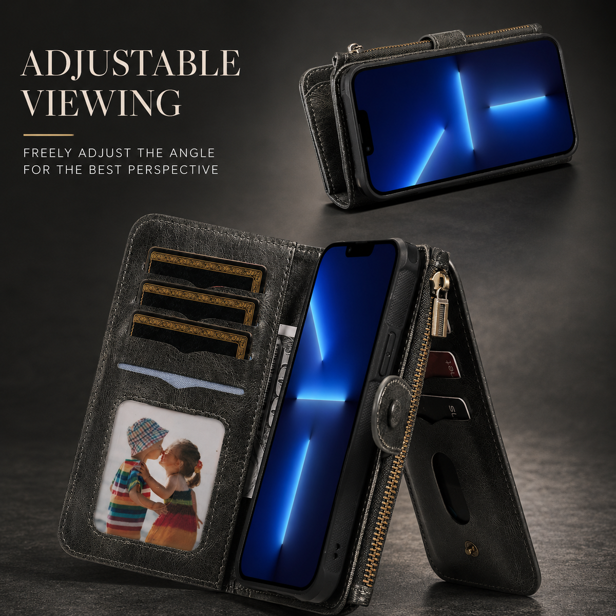 Premium iPhone Case Detachable Retro PU Leather Zipper Wallet Cover Card Slots Shockproof Protection