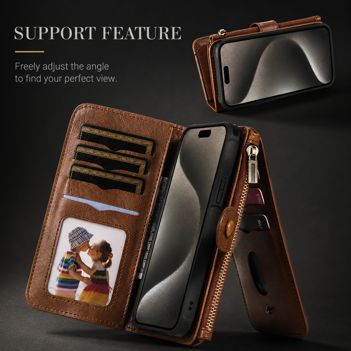 Premium iPhone Case Detachable Retro PU Leather Zipper Wallet Cover Card Slots Shockproof Protection