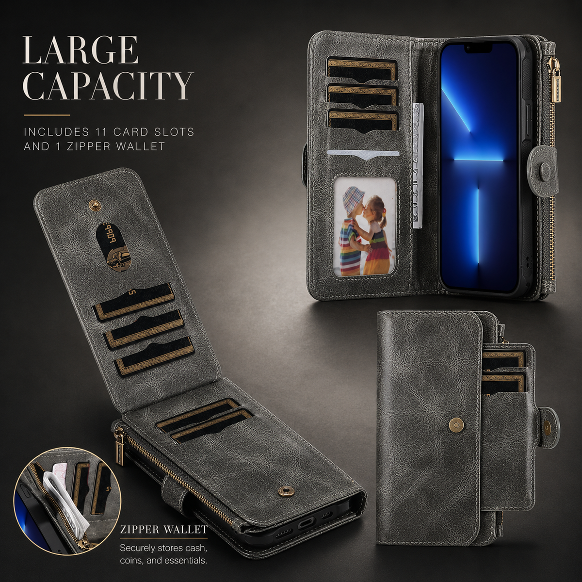 Premium iPhone Case Detachable Retro PU Leather Zipper Wallet Cover Card Slots Shockproof Protection