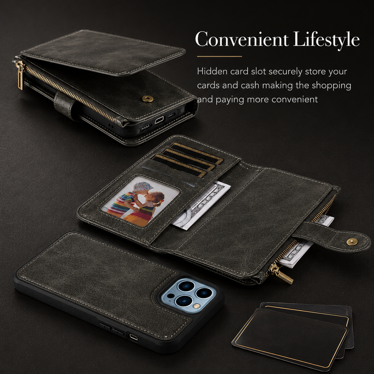 Premium iPhone Case Detachable Retro PU Leather Zipper Wallet Cover Card Slots Shockproof Protection