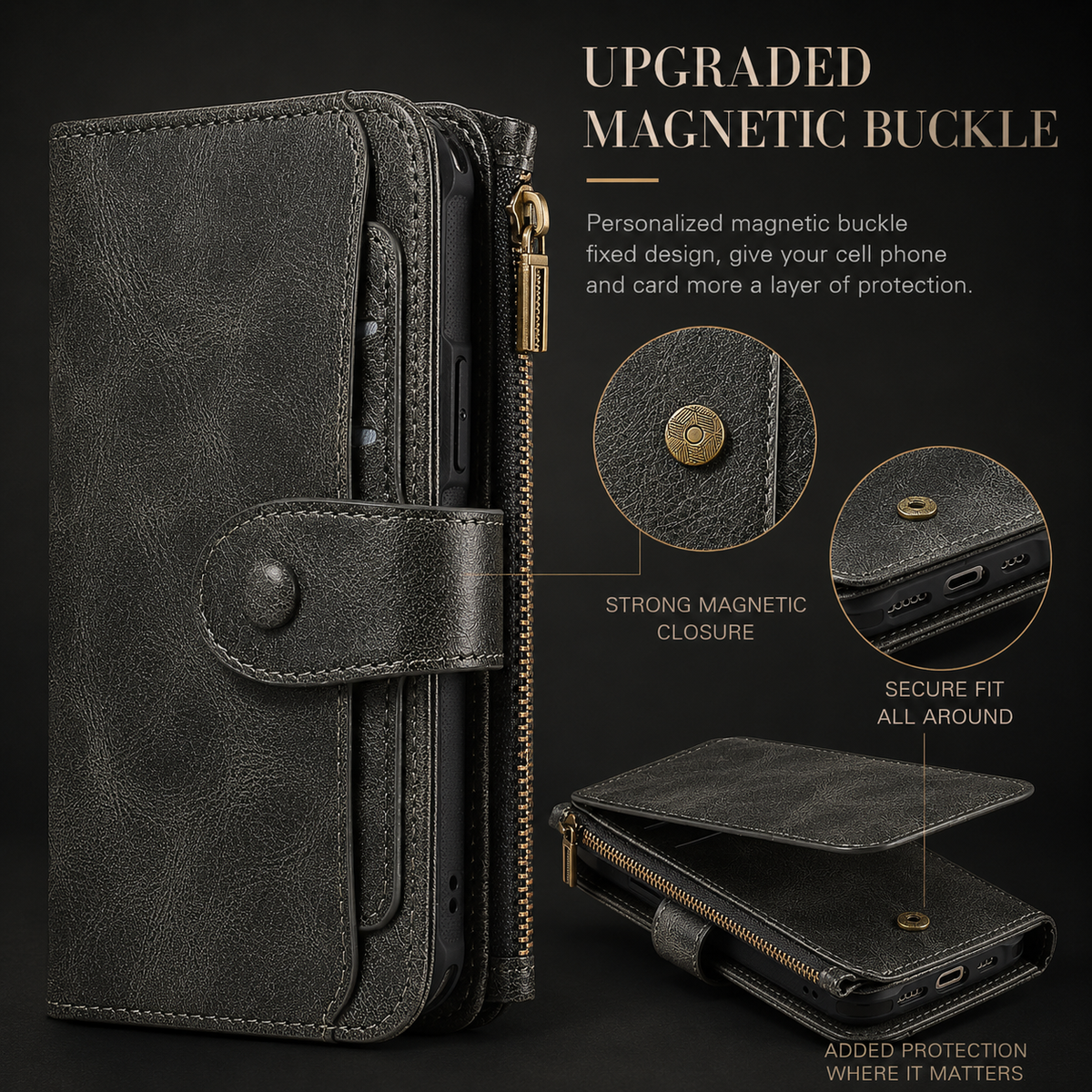 Premium iPhone Case Detachable Retro PU Leather Zipper Wallet Cover Card Slots Shockproof Protection