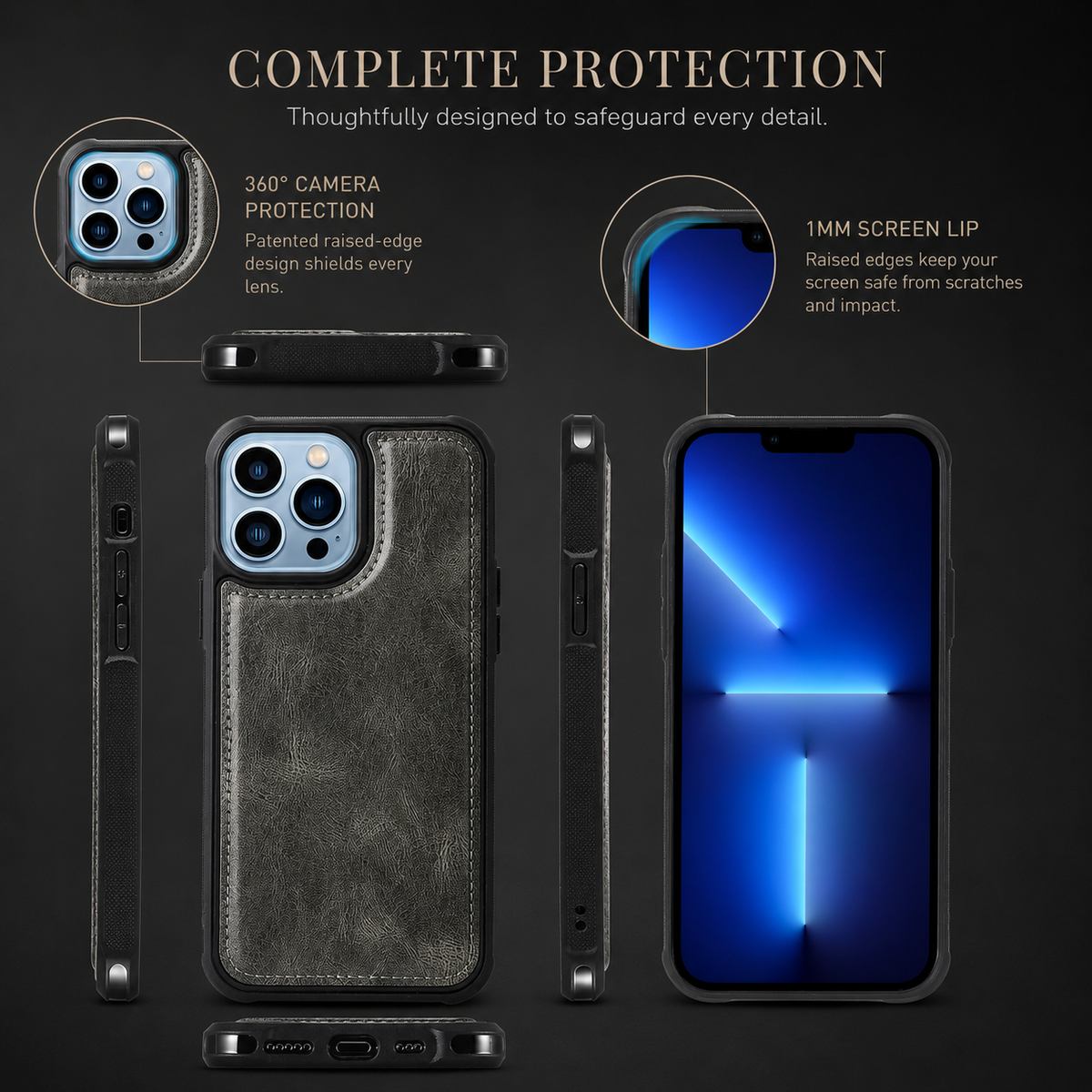 Premium iPhone Case Detachable Retro PU Leather Zipper Wallet Cover Card Slots Shockproof Protection