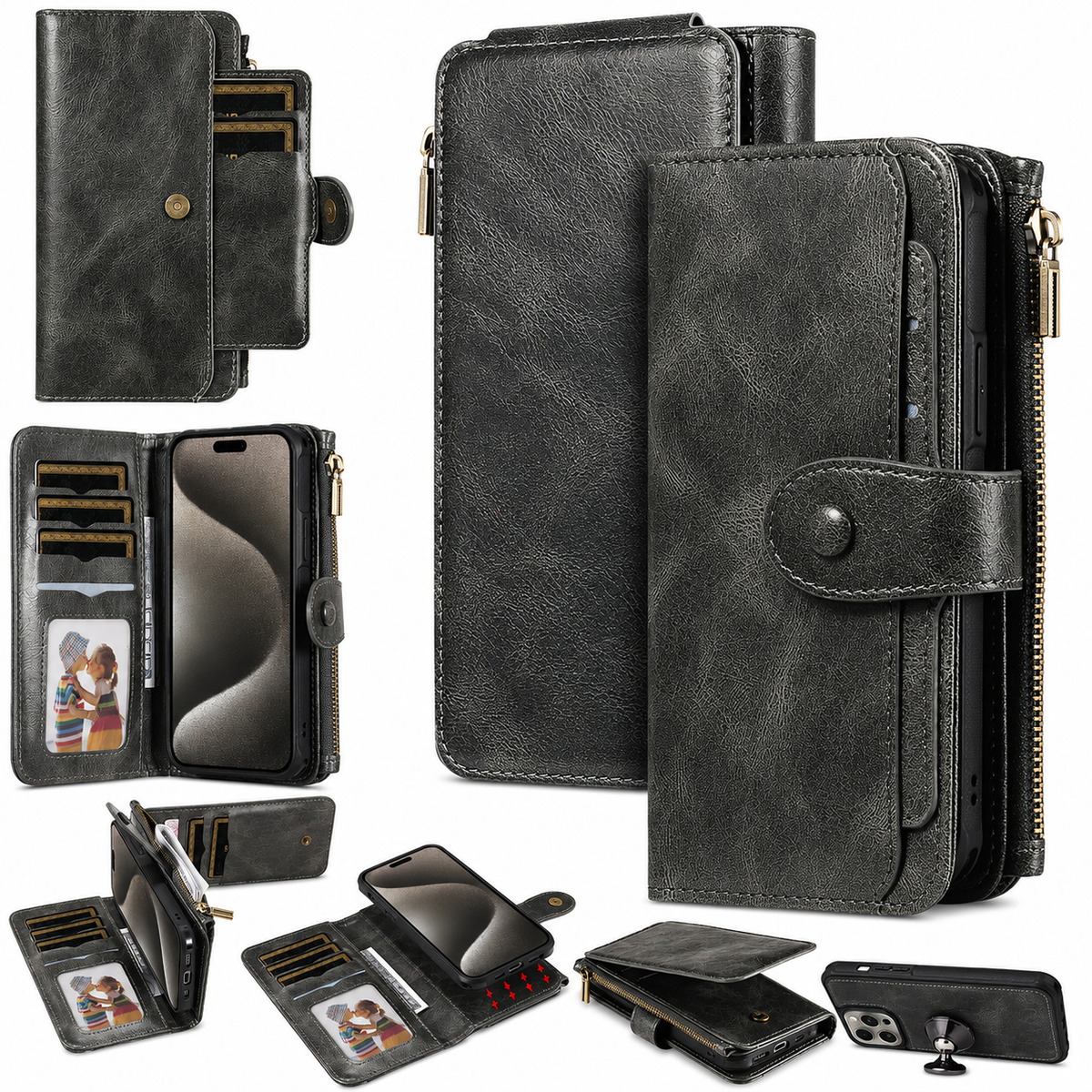 Premium iPhone Case Detachable Retro PU Leather Zipper Wallet Cover Card Slots Shockproof Protection