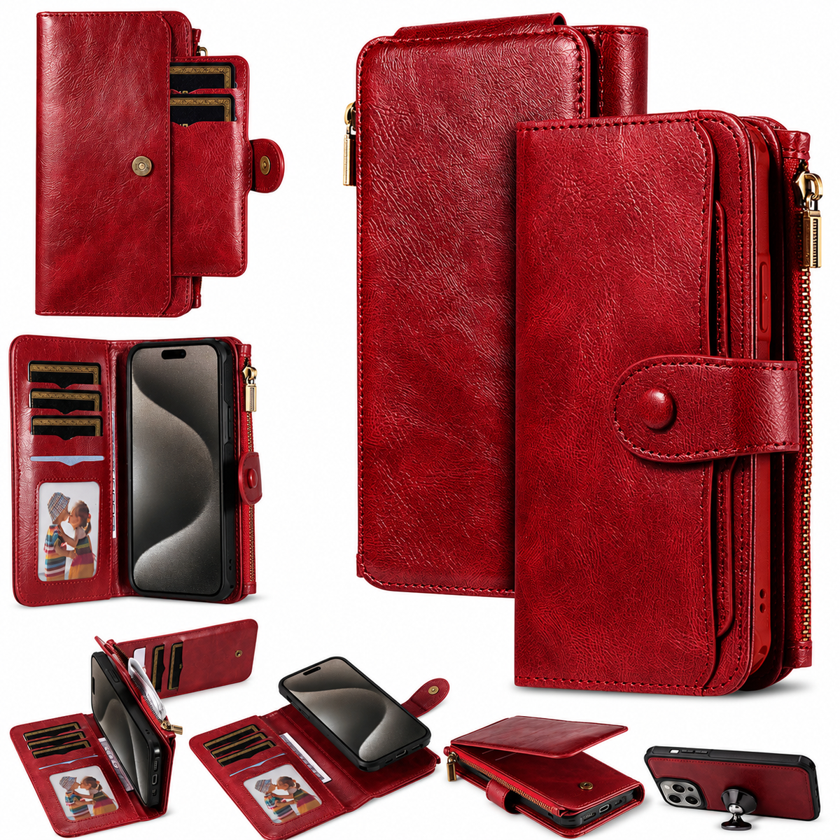 Premium iPhone Case Detachable Retro PU Leather Zipper Wallet Cover Card Slots Shockproof Protection