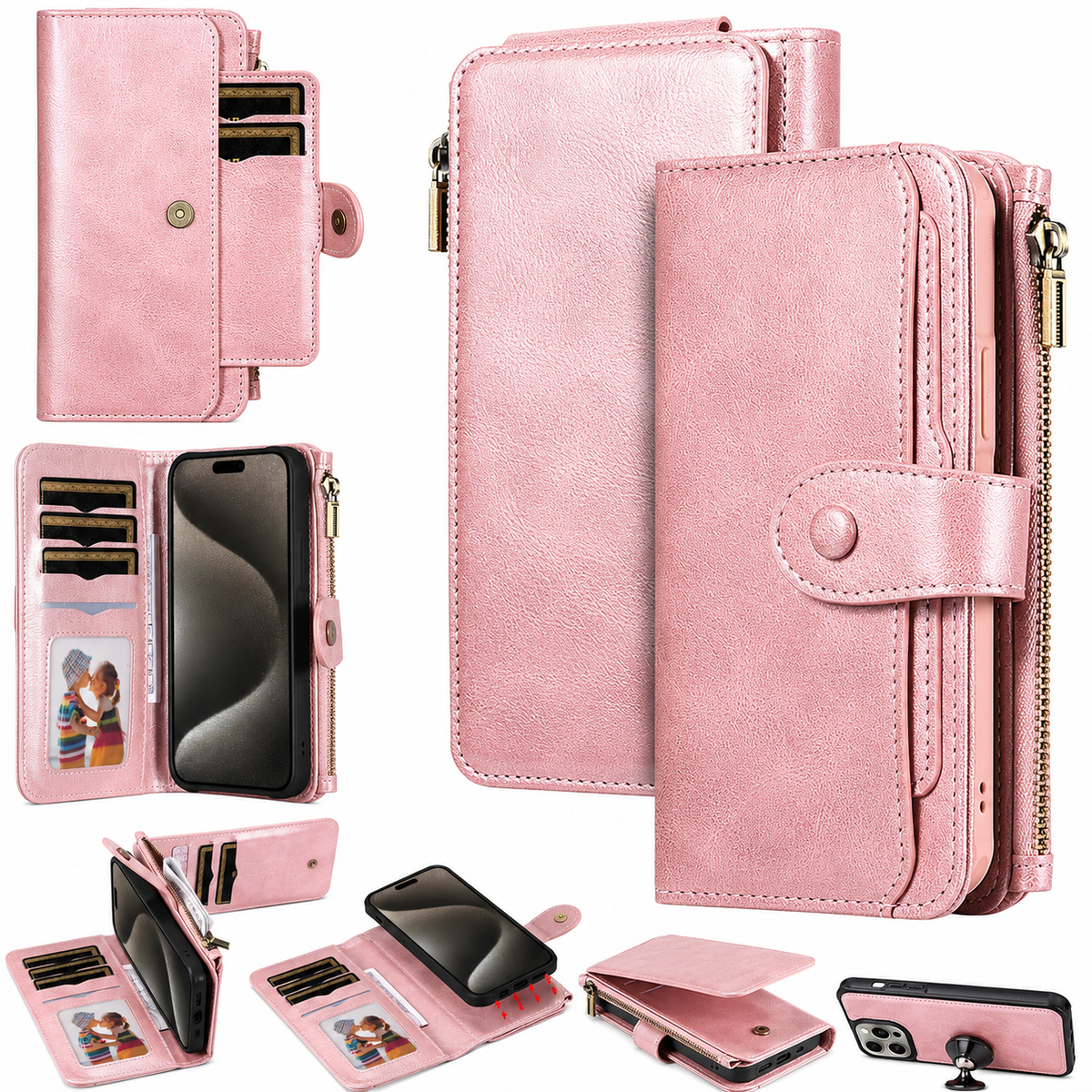 Premium iPhone Case Detachable Retro PU Leather Zipper Wallet Cover Card Slots Shockproof Protection