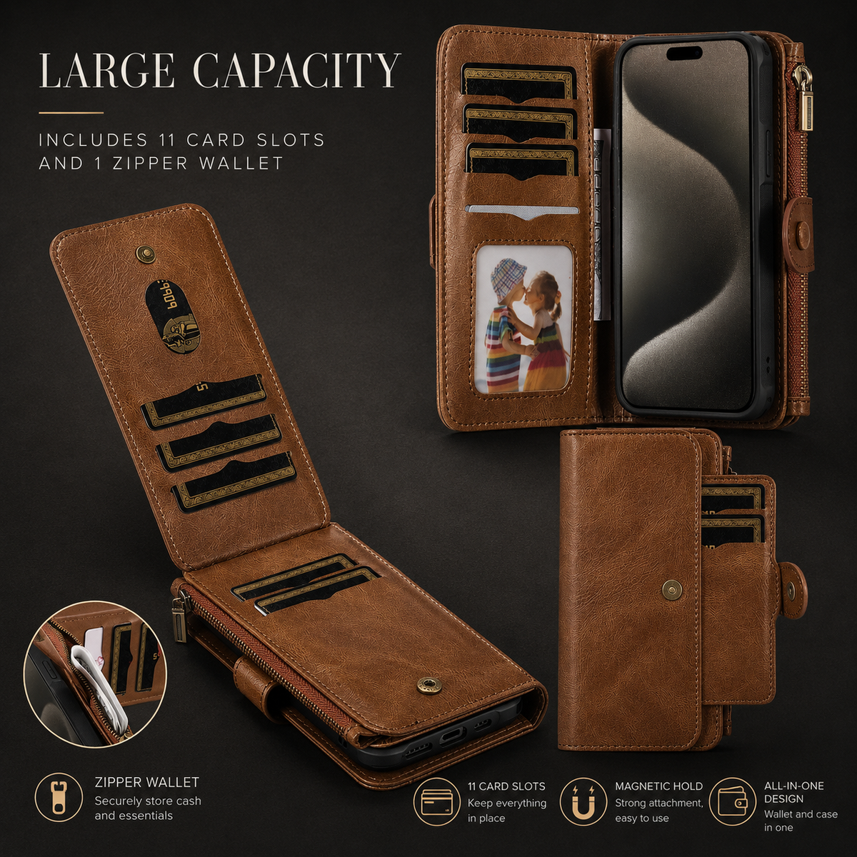 Premium iPhone Case Detachable Retro PU Leather Zipper Wallet Cover Card Slots Shockproof Protection