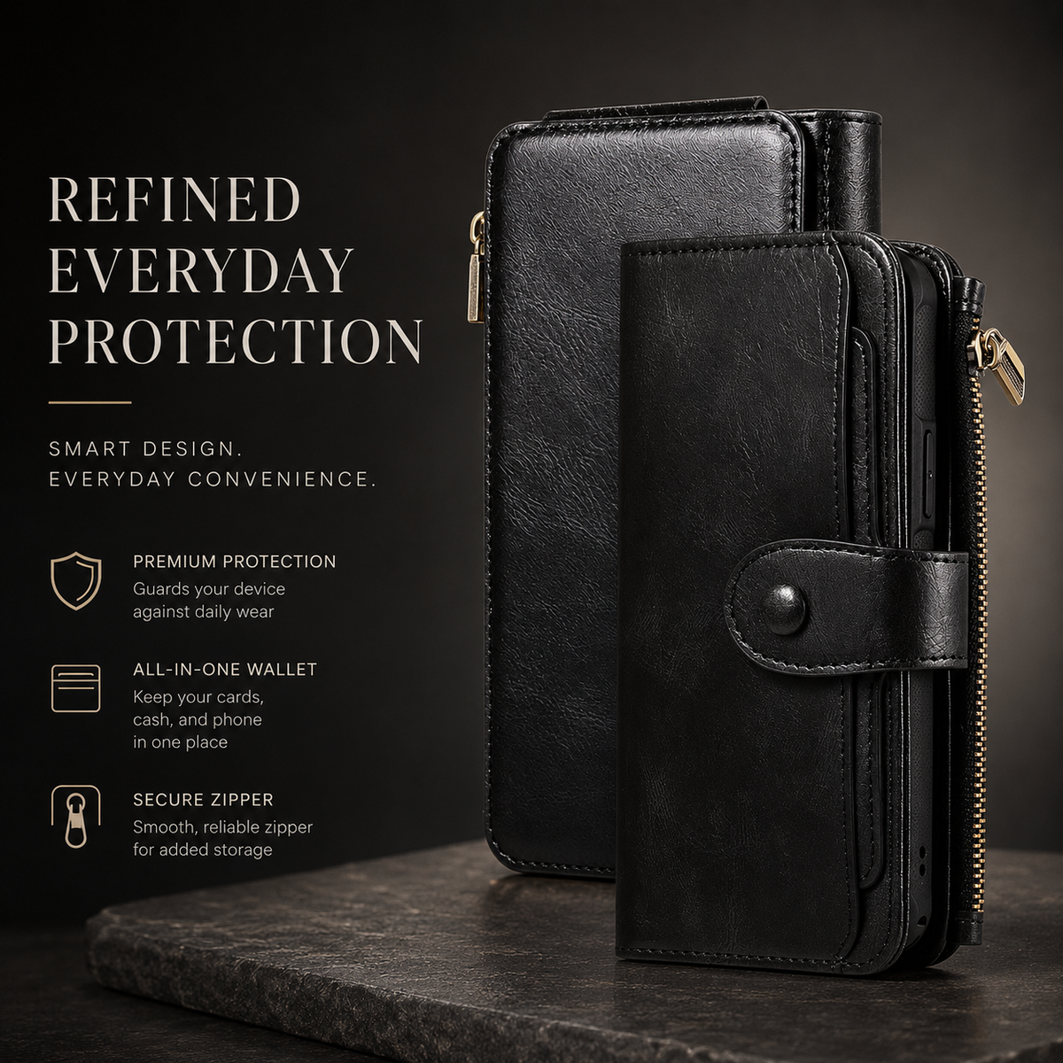 Premium iPhone Case Detachable Retro PU Leather Zipper Wallet Cover Card Slots Shockproof Protection