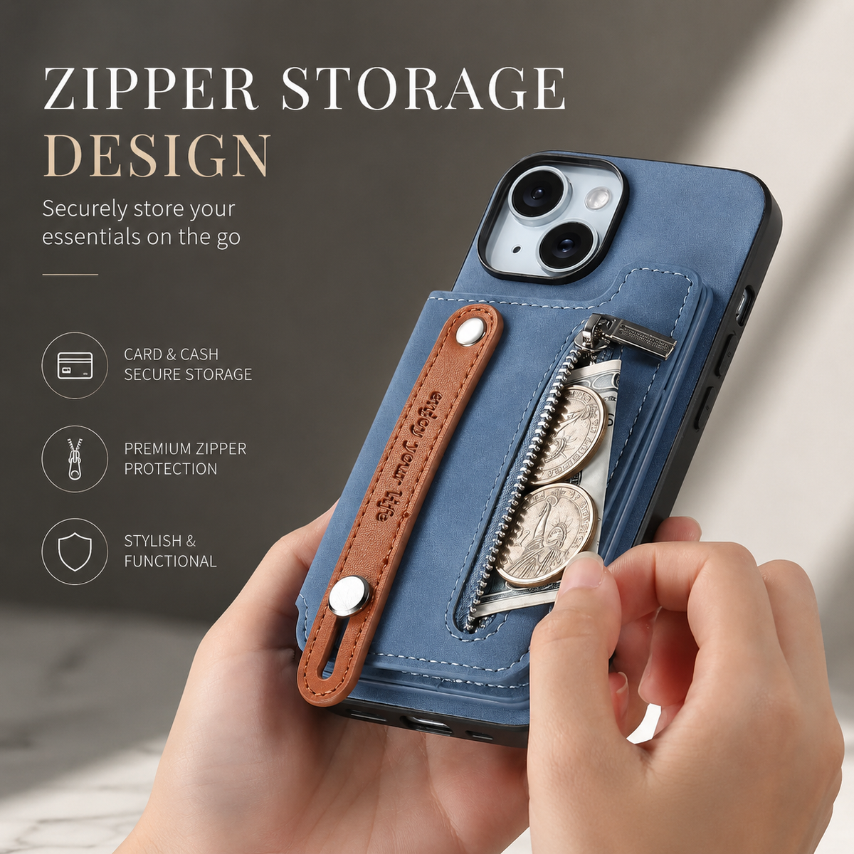 Premium iPhone Case Detachable Zipper Wallet Flip Cover PU Leather Card Holder Shockproof Full Protection