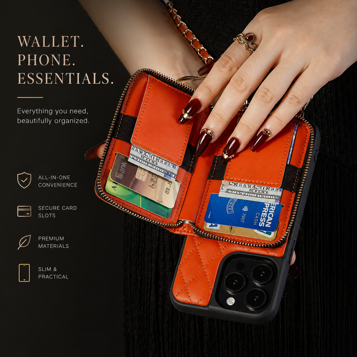 Premium iPhone Case Diamond Stitch Crossbody Card Bag with Chain Strap Shockproof Leather Non Slip Portable Protective Design