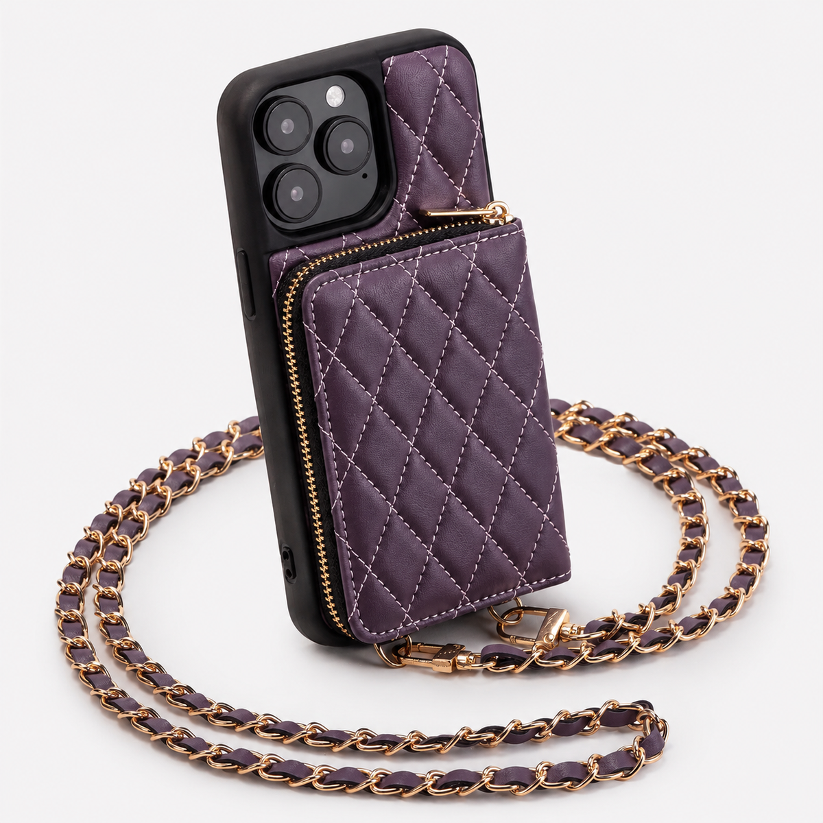 Premium iPhone Case Diamond Stitch Crossbody Card Bag with Chain Strap Shockproof Leather Non Slip Portable Protective Design