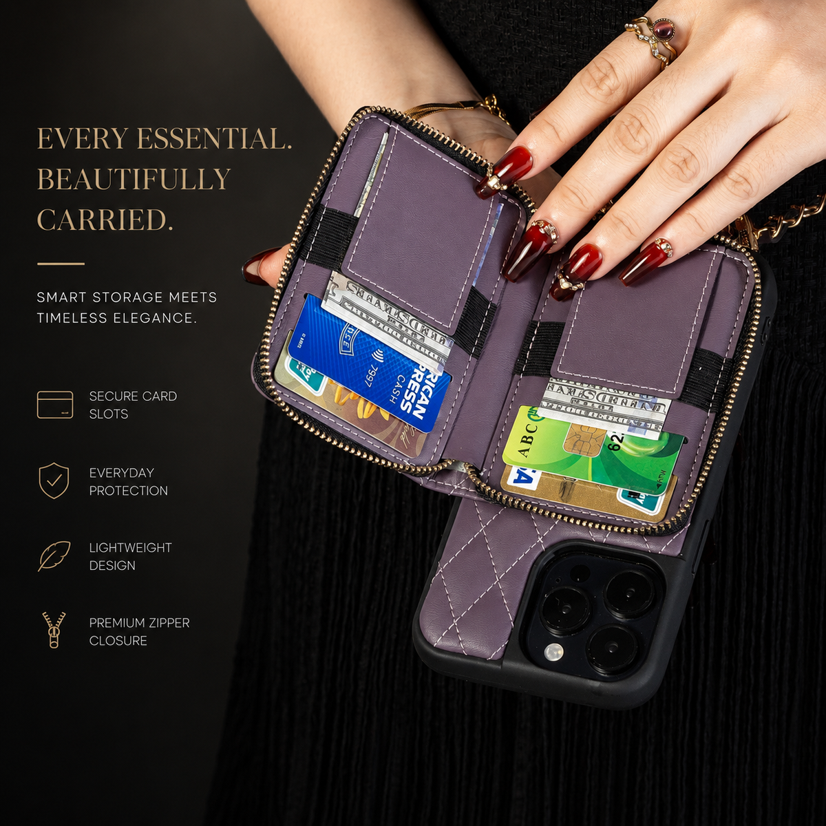 Premium iPhone Case Diamond Stitch Crossbody Card Bag with Chain Strap Shockproof Leather Non Slip Portable Protective Design
