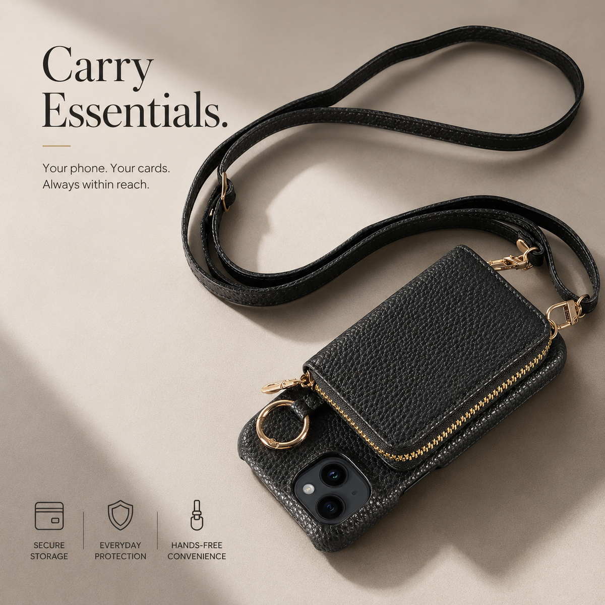 Premium iPhone Case Faux Leather Crossbody Wallet Cover Card Slots Ring Holder Shockproof Full Protection