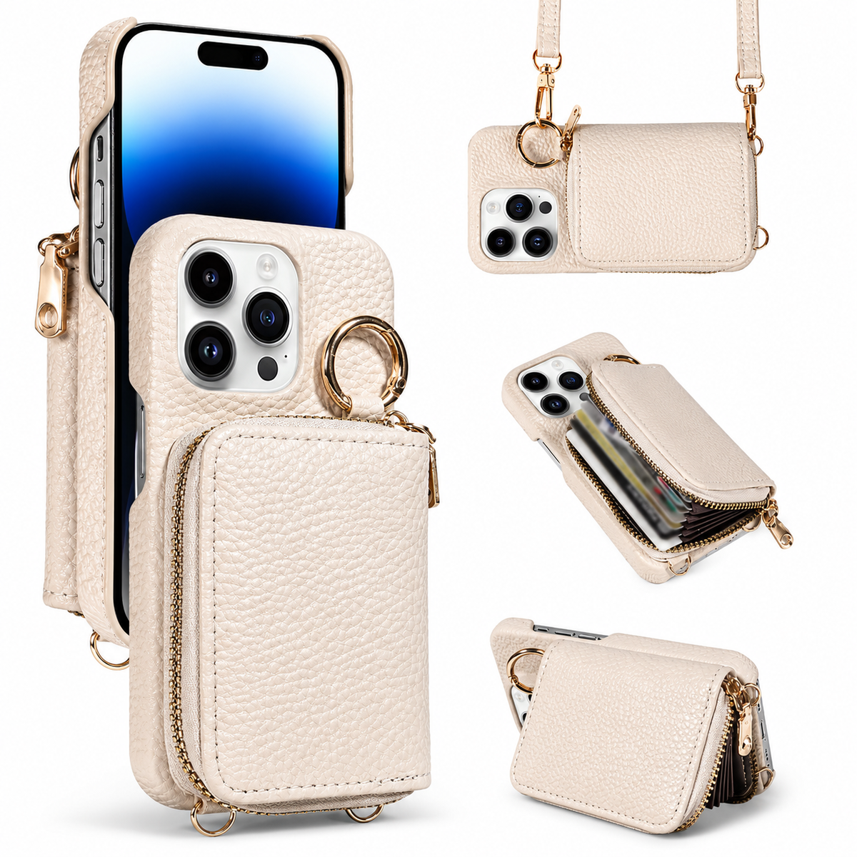 Premium iPhone Case Faux Leather Crossbody Wallet Cover Card Slots Ring Holder Shockproof Full Protection