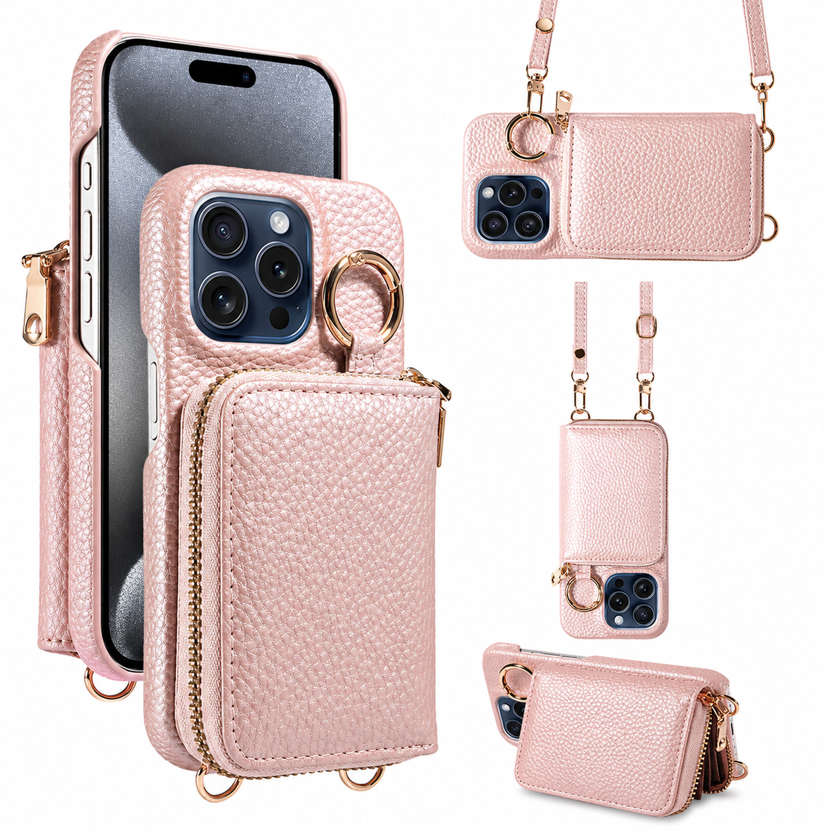 Premium iPhone Case Faux Leather Crossbody Wallet Cover Card Slots Ring Holder Shockproof Full Protection