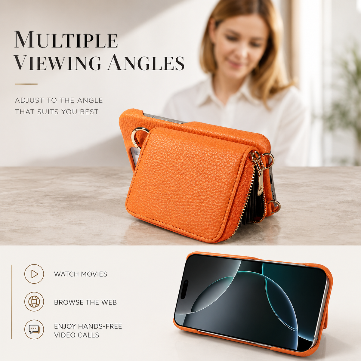 Premium iPhone Case Faux Leather Crossbody Wallet Cover Card Slots Ring Holder Shockproof Full Protection