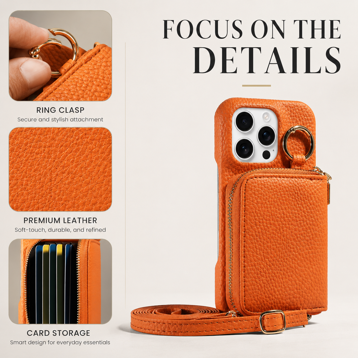 Premium iPhone Case Faux Leather Crossbody Wallet Cover Card Slots Ring Holder Shockproof Full Protection