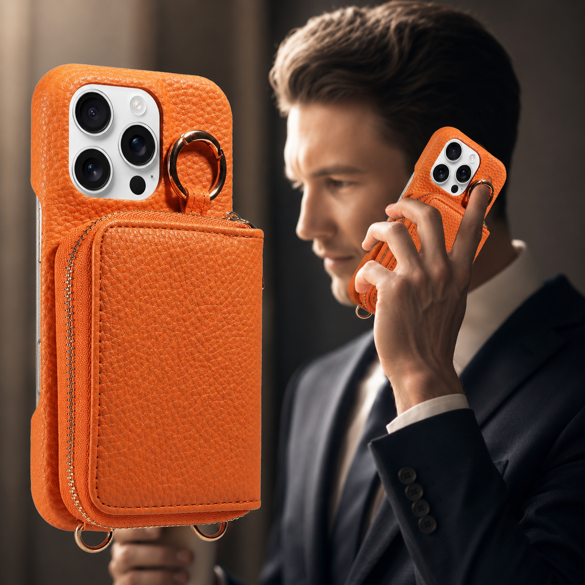 Premium iPhone Case Faux Leather Crossbody Wallet Cover Card Slots Ring Holder Shockproof Full Protection