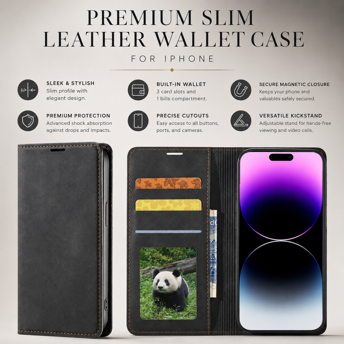 Premium iPhone Case Flip Wallet MagSafe Compatible Leather Card Holder Cover Stand Protection