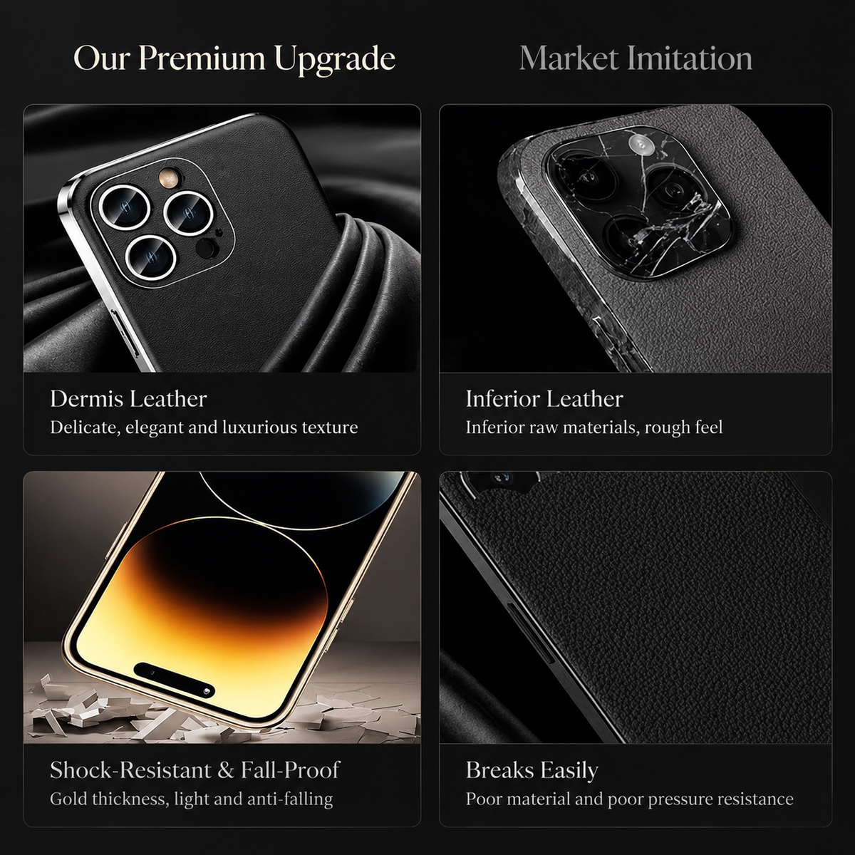 Premium iPhone Case Genuine Cowhide Leather Cover Plating Frame Full Camera Lens Protection Slim Durable Design