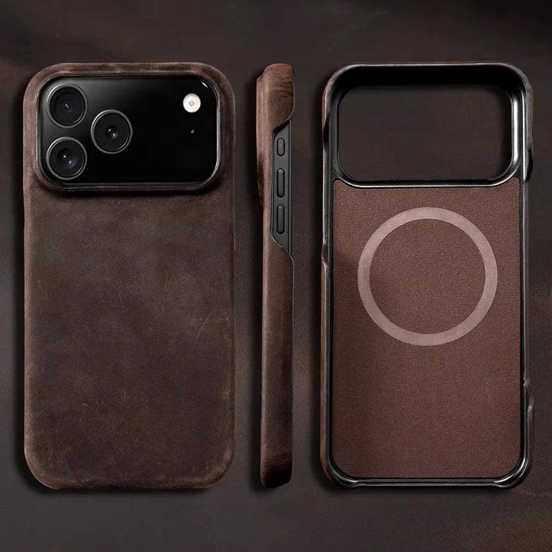 Premium iPhone Case Genuine Cowhide Leather Pull Up Cover Retro Magnetic MagSafe Shockproof Full Back Protection
