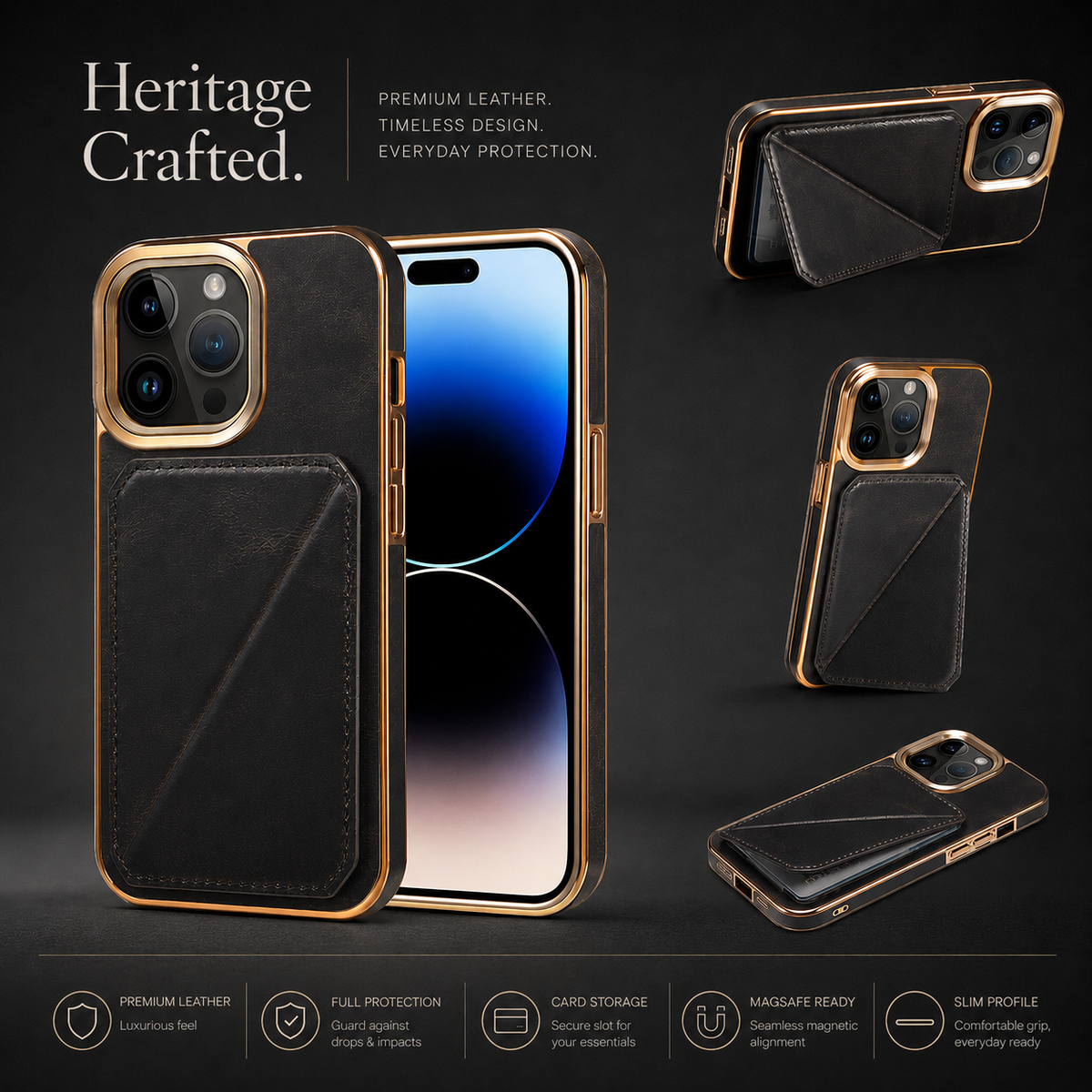 Premium iPhone Case Genuine Cowhide Leather Wallet Cover Magnetic Card Holder Full Body Protection Slim Design