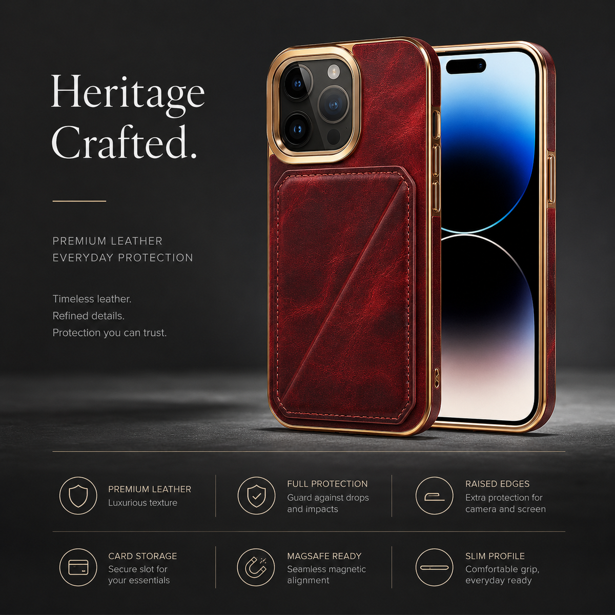Premium iPhone Case Genuine Cowhide Leather Wallet Cover Magnetic Card Holder Full Body Protection Slim Design