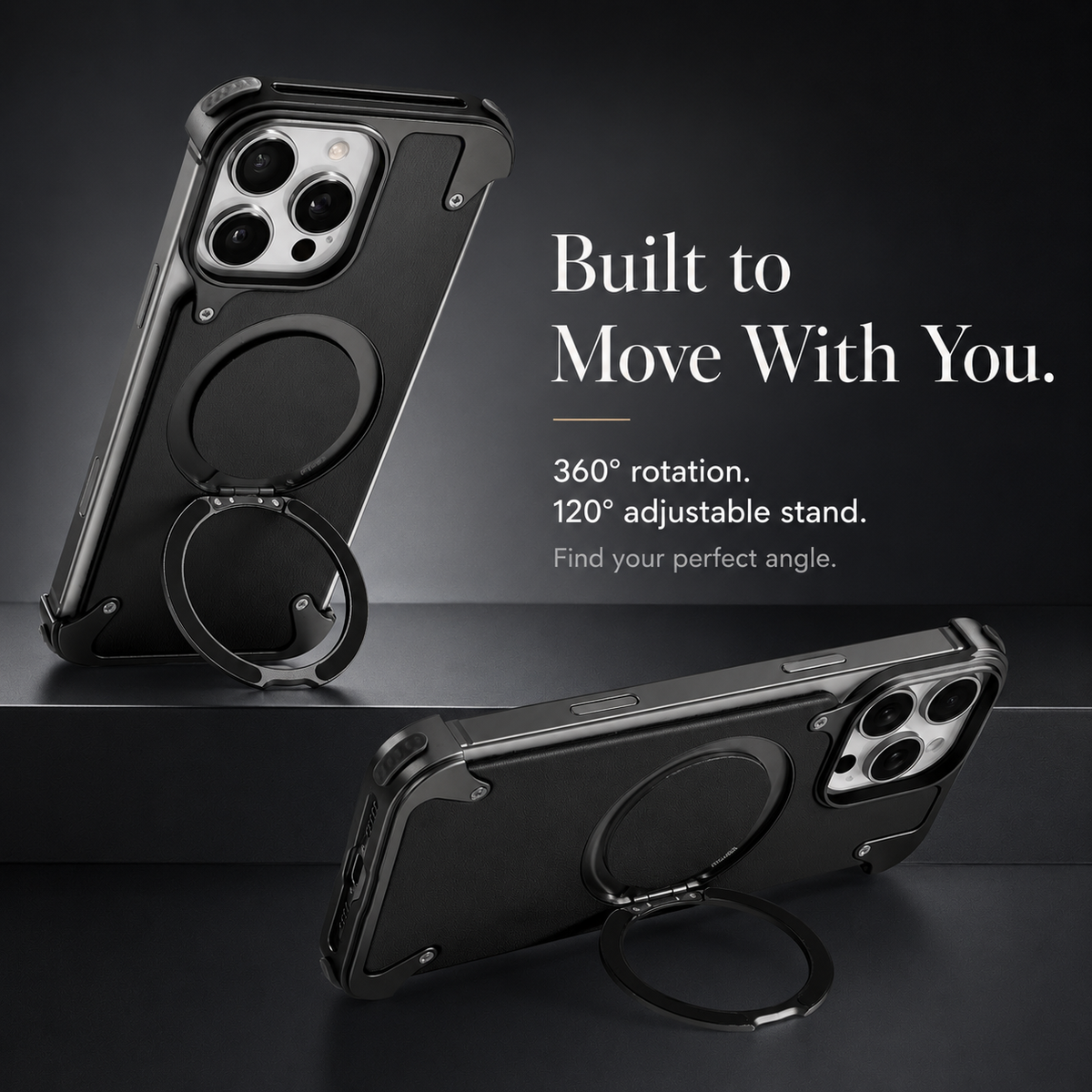 Premium iPhone Case Genuine Leather Magnetic Cover MagSafe Compatible Rotating Ring Stand Shockproof Frameless Protection