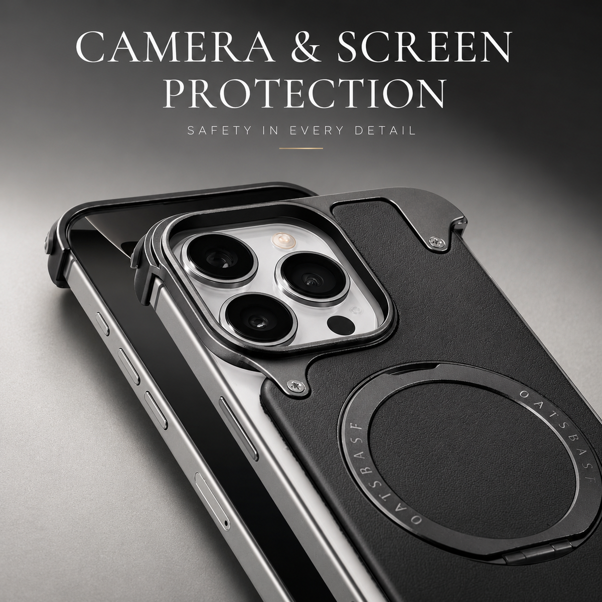 Premium iPhone Case Genuine Leather Magnetic Cover MagSafe Compatible Rotating Ring Stand Shockproof Frameless Protection