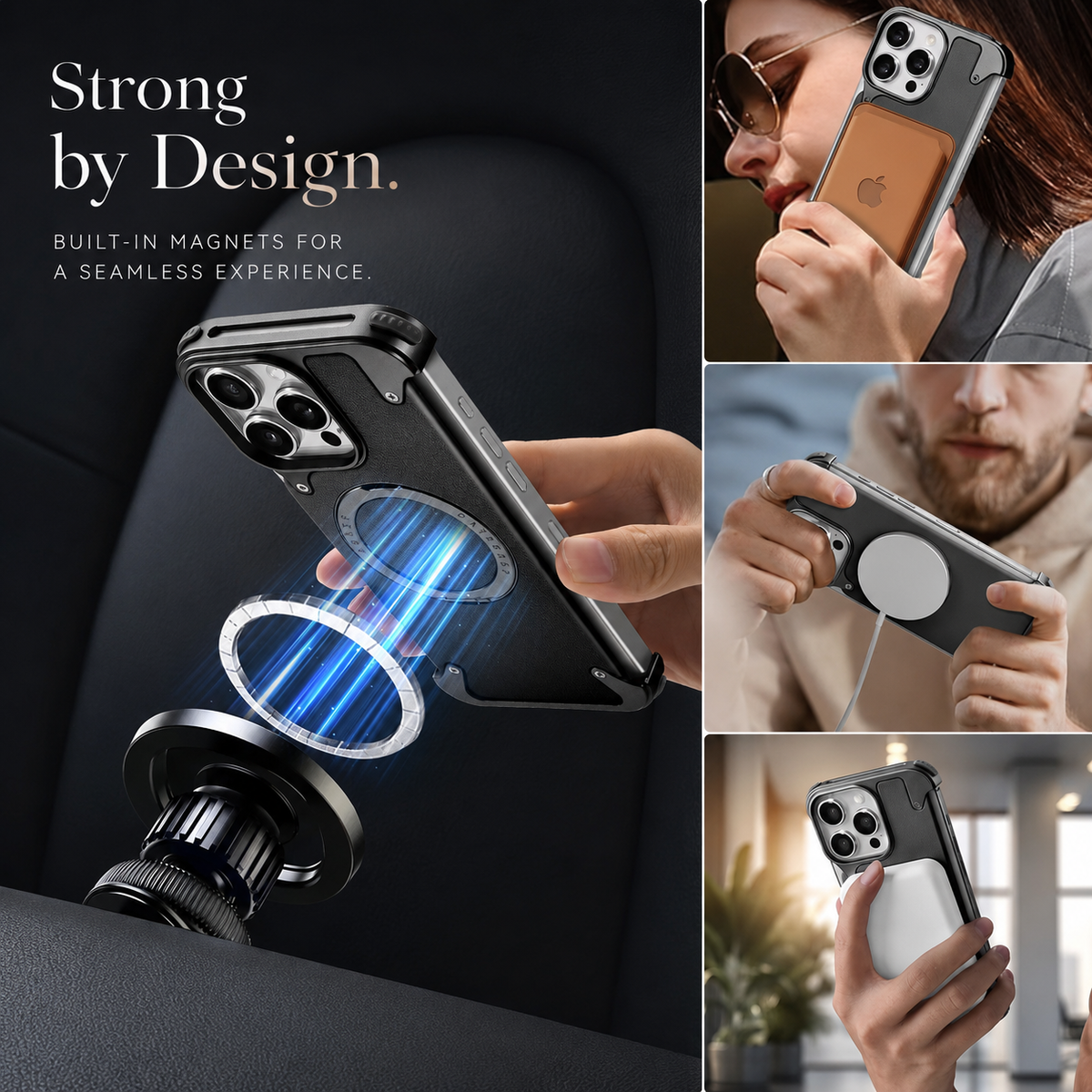 Premium iPhone Case Genuine Leather Magnetic Cover MagSafe Compatible Rotating Ring Stand Shockproof Frameless Protection