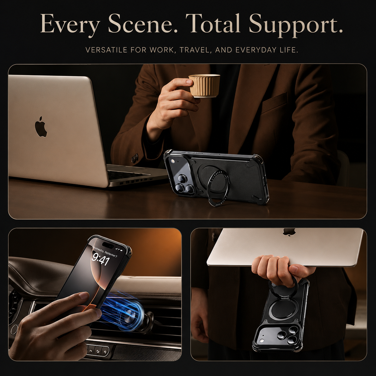 Premium iPhone Case Genuine Leather Magnetic Cover MagSafe Compatible Rotating Ring Stand Shockproof Frameless Protection