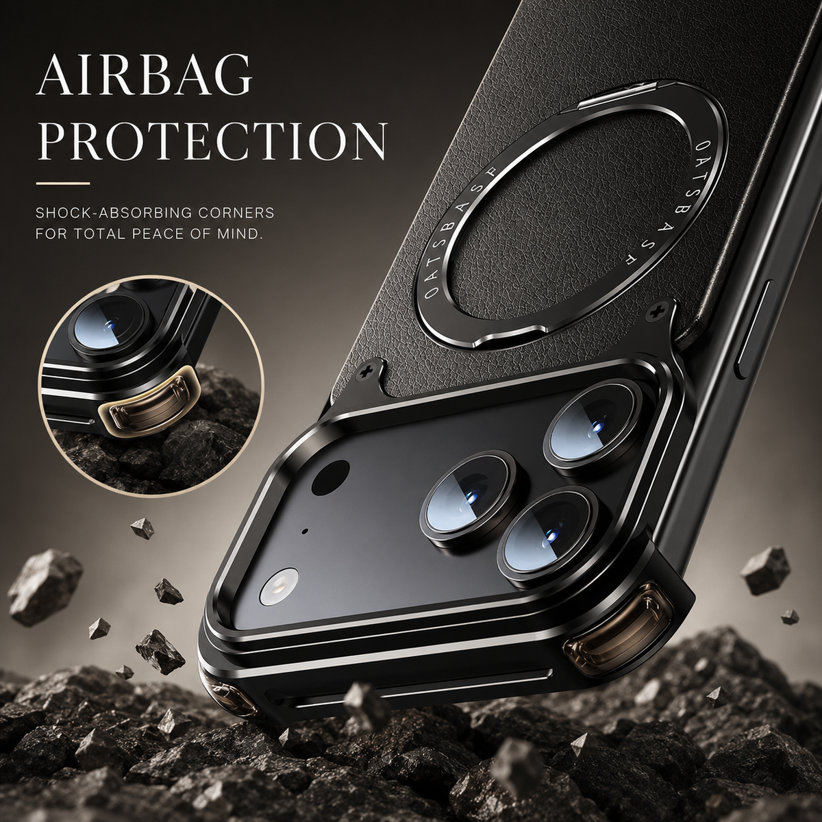 Premium iPhone Case Genuine Leather Magnetic Cover MagSafe Compatible Rotating Ring Stand Shockproof Frameless Protection