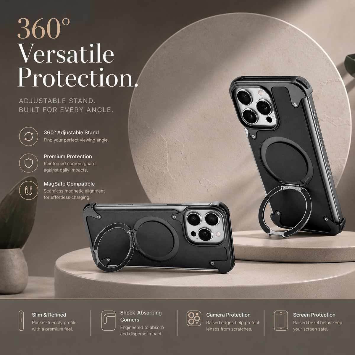 Premium iPhone Case Genuine Leather Magnetic Cover MagSafe Compatible Rotating Ring Stand Shockproof Frameless Protection
