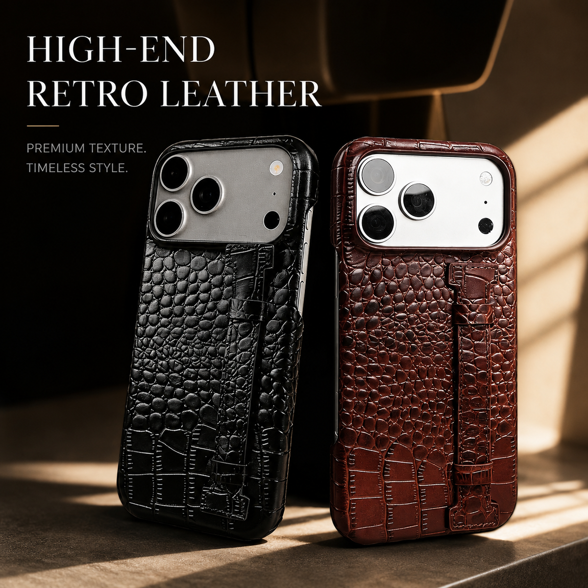 Premium iPhone Case Genuine Leather Wrist Strap Kickstand Crocodile Pattern Shockproof Protective Cover Luxury Full Coverage Case