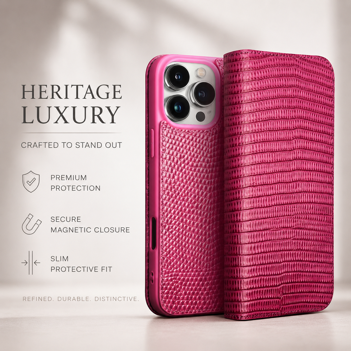 Premium iPhone Case Genuine Lizard Leather Flip Wallet Cover Magnetic Closure Kickstand Shockproof Full Body Protection