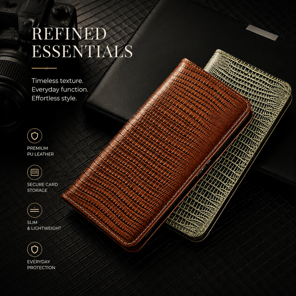 Premium iPhone Case Genuine Lizard Leather Flip Wallet Cover Magnetic Closure Kickstand Shockproof Full Body Protection