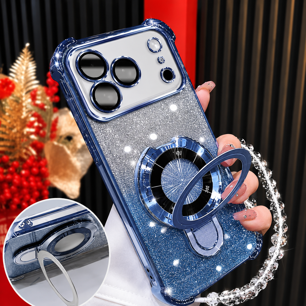 Premium iPhone Case Glitter Plating Magnetic Bracelet Cover MagSafe Compatible Shockproof Kickstand Anti Fingerprint Clear Protective Case