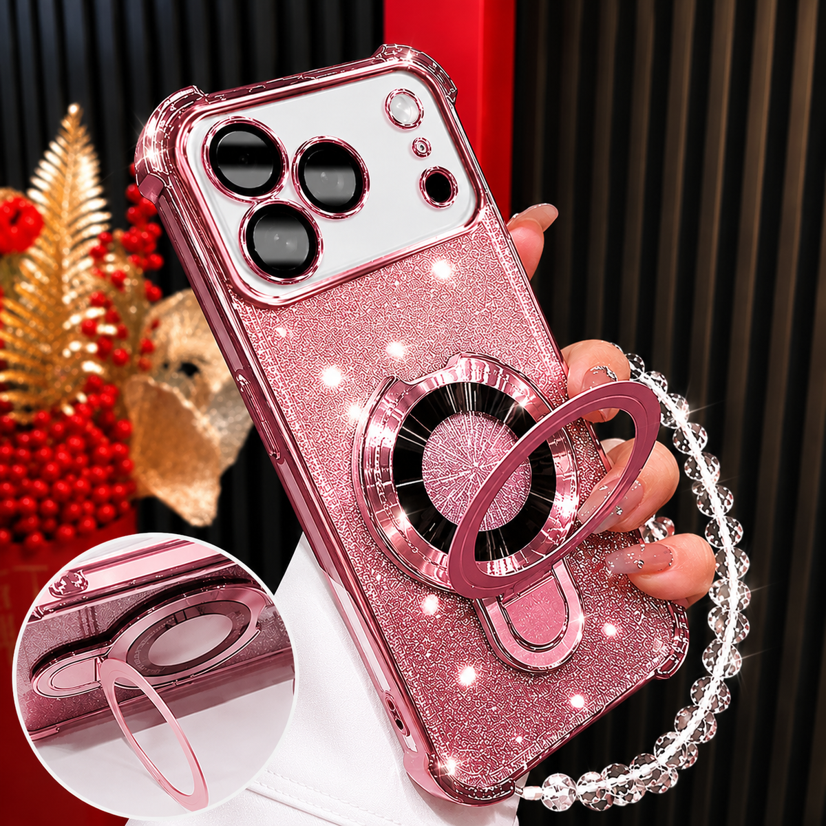 Premium iPhone Case Glitter Plating Magnetic Bracelet Cover MagSafe Compatible Shockproof Kickstand Anti Fingerprint Clear Protective Case