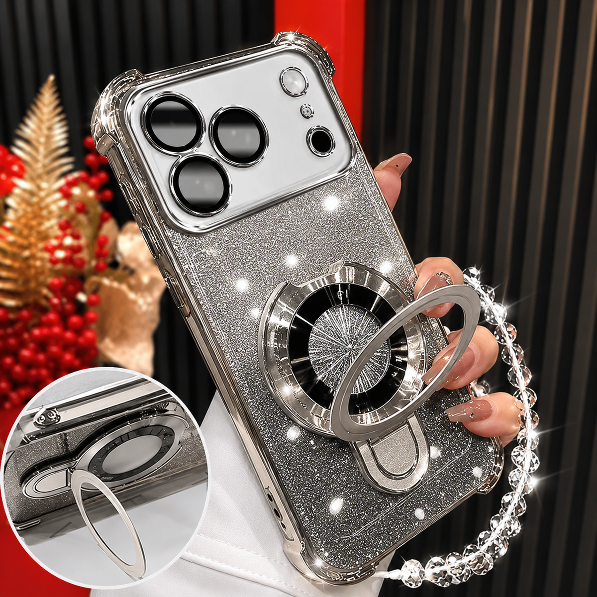 Premium iPhone Case Glitter Plating Magnetic Bracelet Cover MagSafe Compatible Shockproof Kickstand Anti Fingerprint Clear Protective Case
