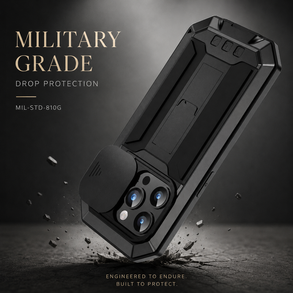 Premium iPhone Case Heavy Duty Aluminum Metal Full Body Cover with Tempered Glass Screen Lens Slider Shockproof Dual Layer Kickstand Design