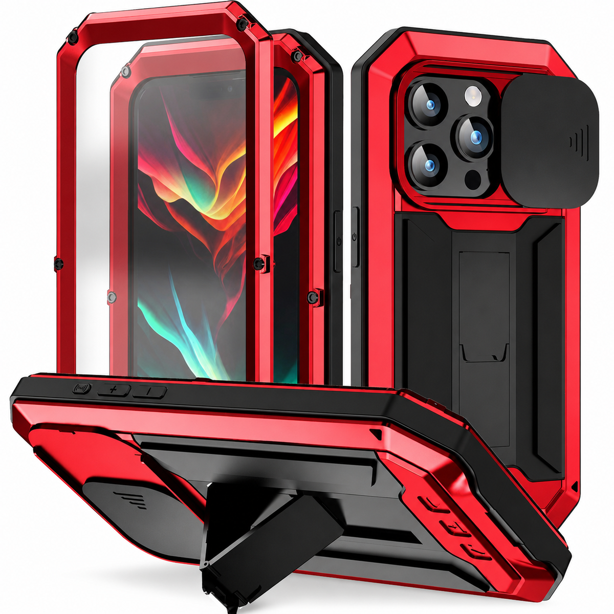 Premium iPhone Case Heavy Duty Aluminum Metal Full Body Cover with Tempered Glass Screen Lens Slider Shockproof Dual Layer Kickstand Design