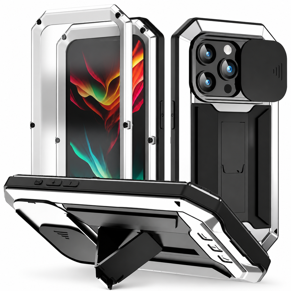 Premium iPhone Case Heavy Duty Aluminum Metal Full Body Cover with Tempered Glass Screen Lens Slider Shockproof Dual Layer Kickstand Design