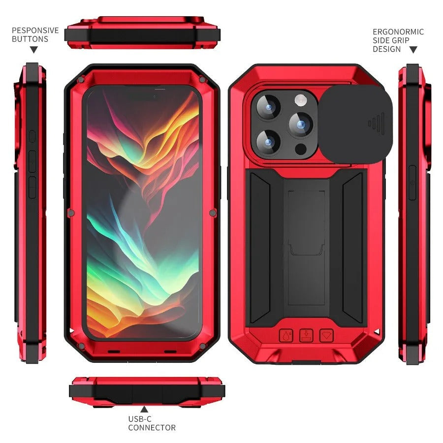 Premium iPhone Case Heavy Duty Aluminum Metal Full Body Cover with Tempered Glass Screen Lens Slider Shockproof Dual Layer Kickstand Design