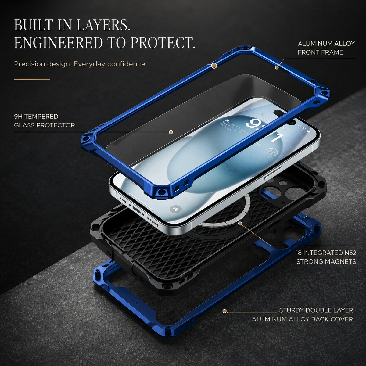 Premium iPhone Case Heavy Duty Metal MagSafe Cover Military Grade Shockproof Aluminum Bumper Camera Guard Kickstand Protective Case
