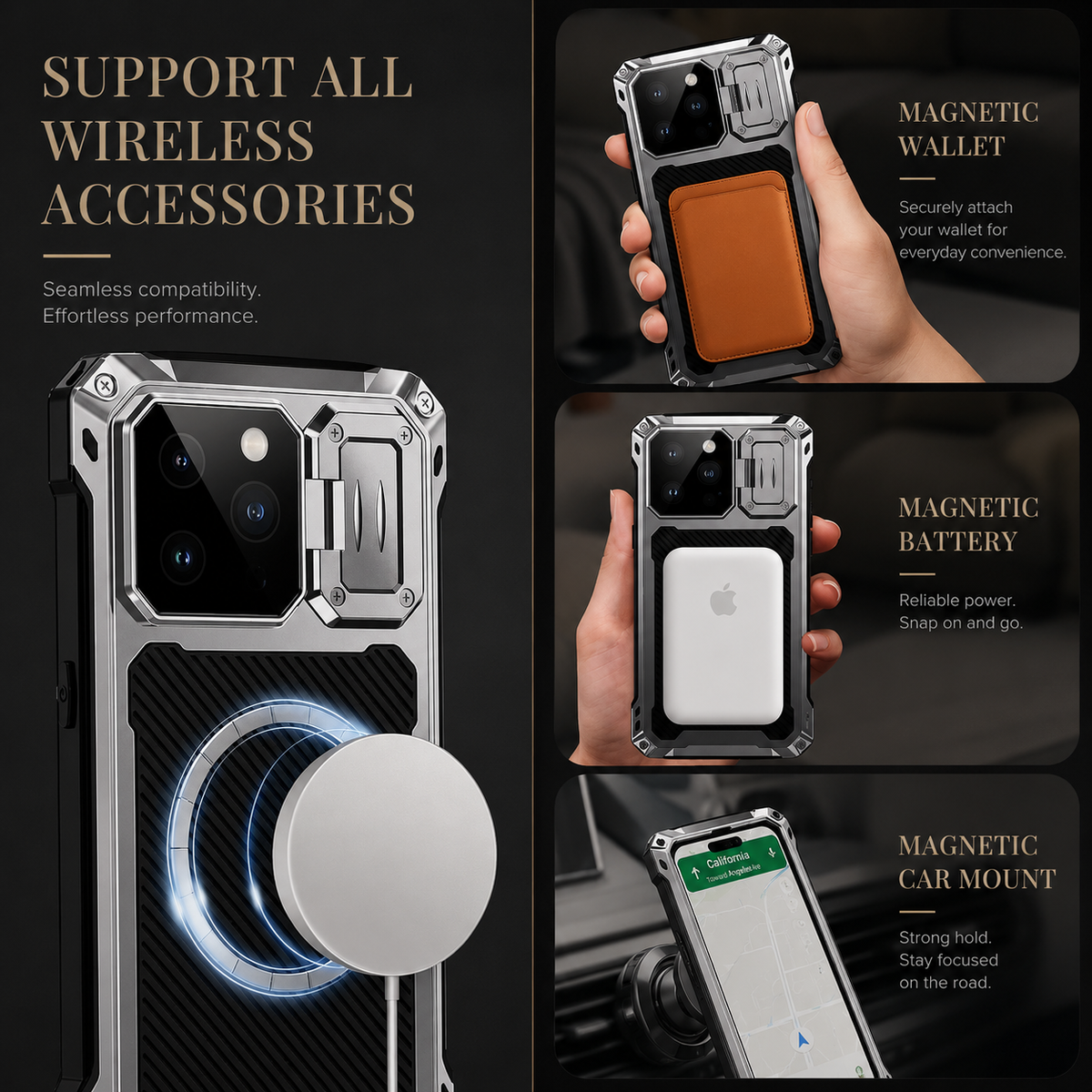 Premium iPhone Case Heavy Duty Metal MagSafe Cover Military Grade Shockproof Aluminum Bumper Camera Guard Kickstand Protective Case