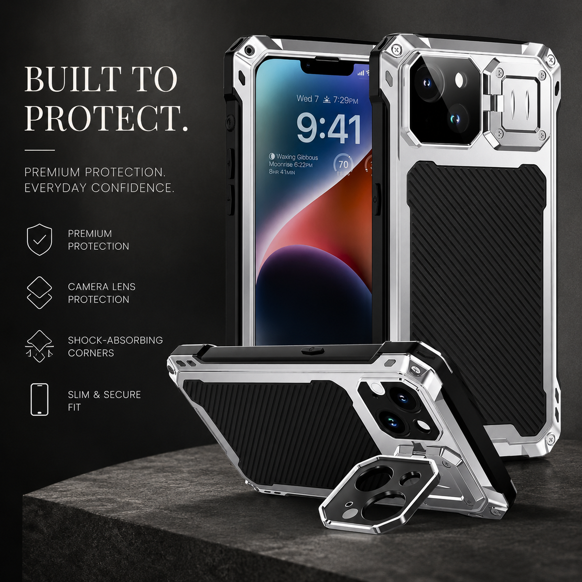 Premium iPhone Case Heavy Duty Metal MagSafe Cover Military Grade Shockproof Aluminum Bumper Camera Guard Kickstand Protective Case