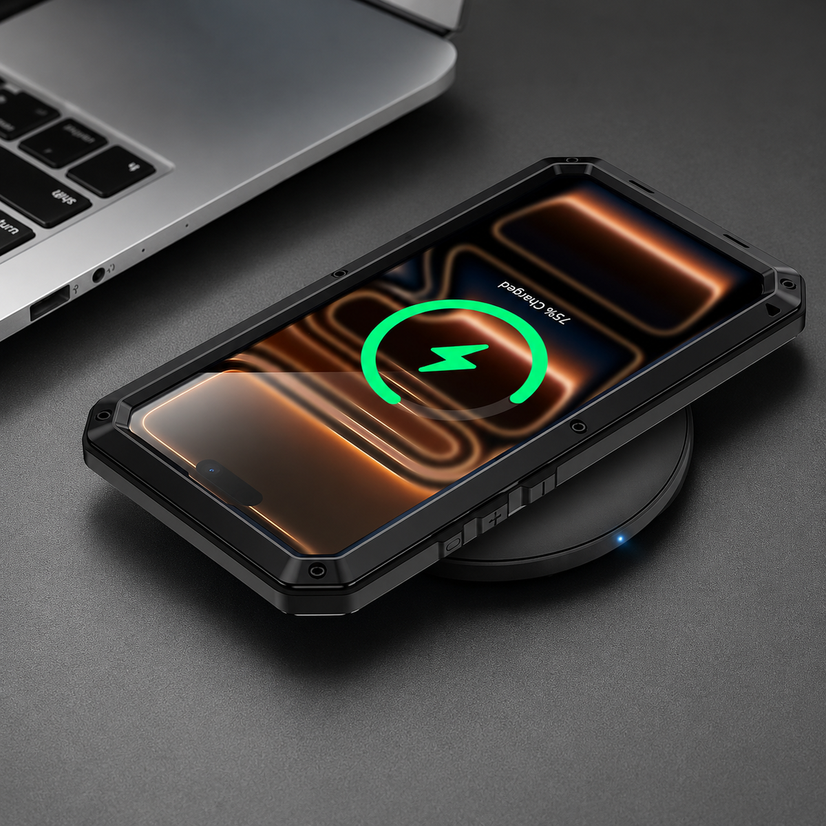 Premium iPhone Case Heavy Duty Metal Protective Cover with Built In Glass Screen Protector Shockproof TPU PC Rugged Design