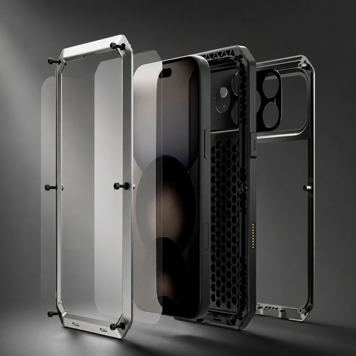 Premium iPhone Case Heavy Duty Metal Protective Cover with Built In Glass Screen Protector Shockproof TPU PC Rugged Design