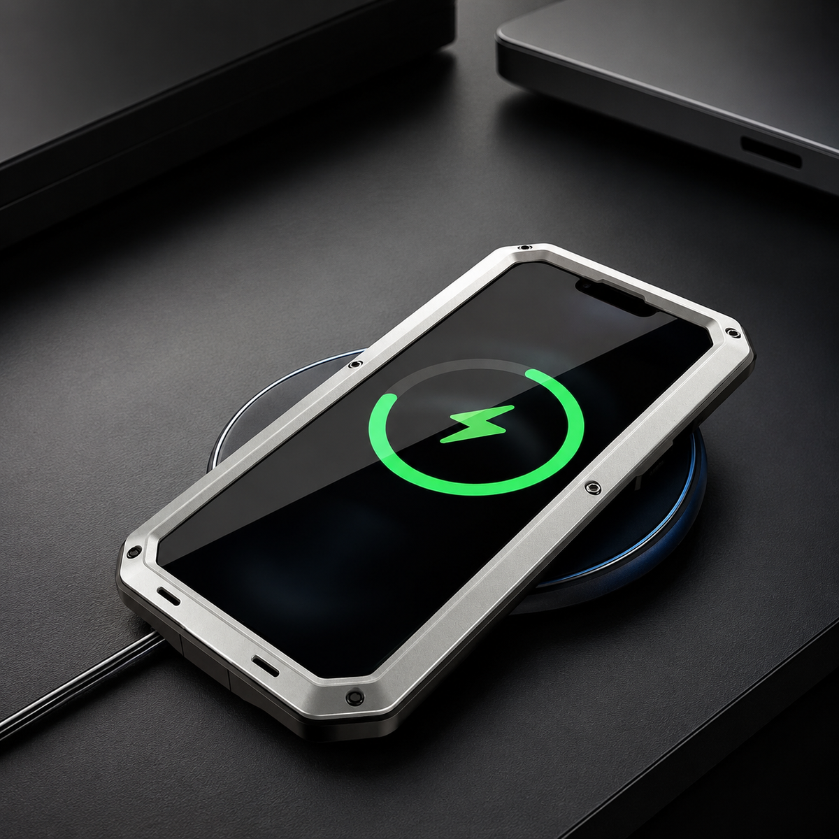 Premium iPhone Case Heavy Duty Metal Protective Cover with Built In Glass Screen Protector Shockproof TPU PC Rugged Design