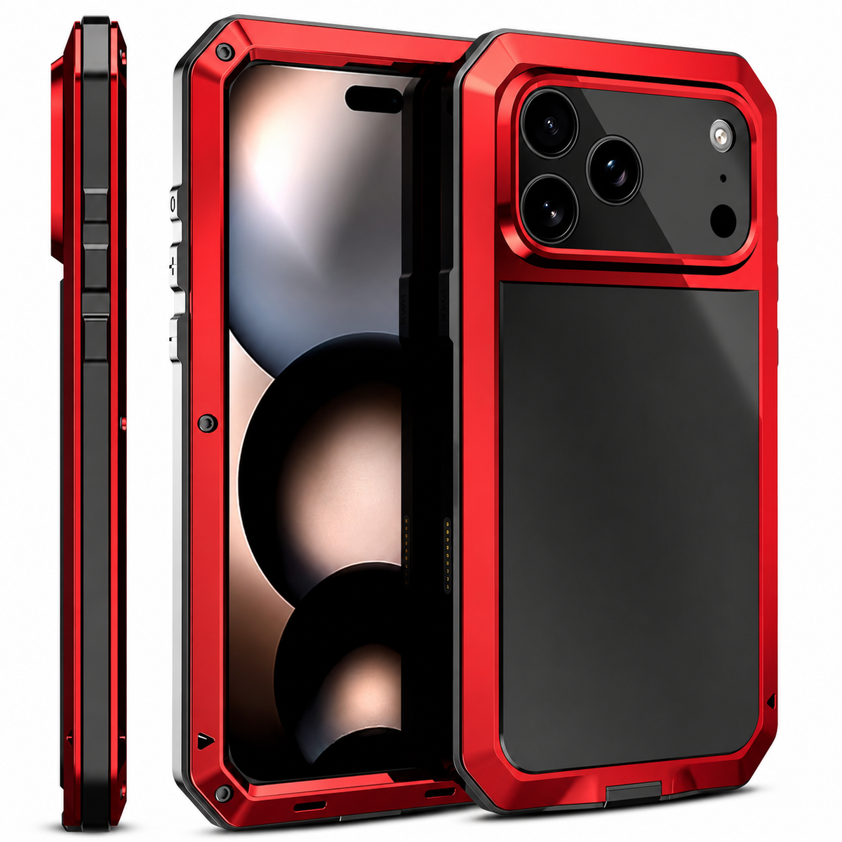 Premium iPhone Case Heavy Duty Metal Protective Cover with Built In Glass Screen Protector Shockproof TPU PC Rugged Design