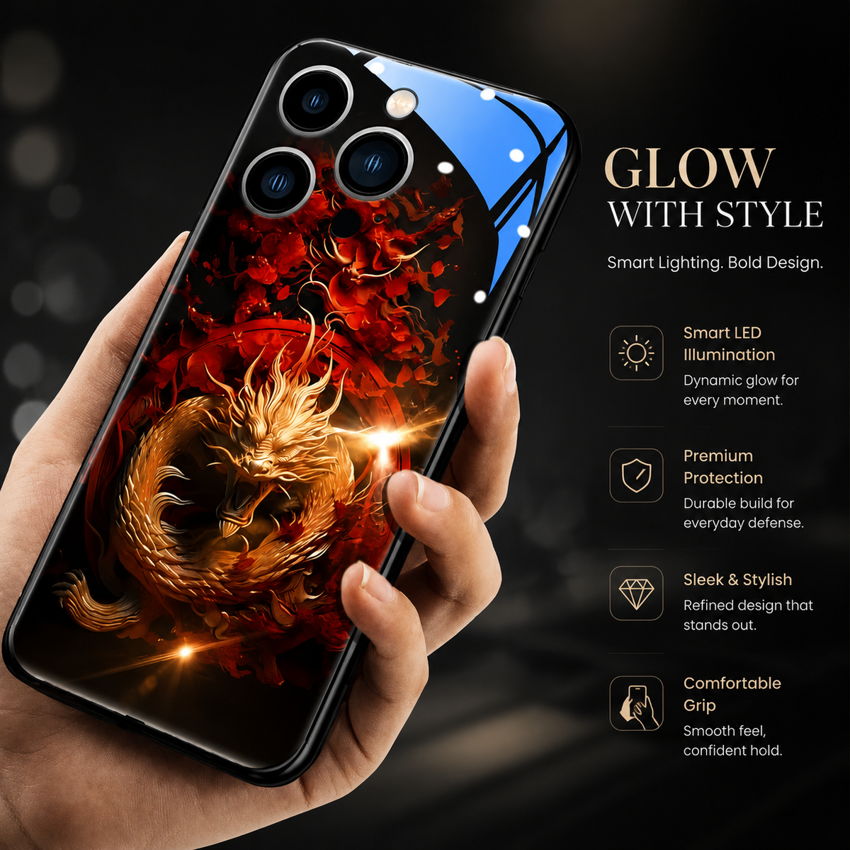 Premium iPhone Case LED Luminous Golden Dragon Cover Sound Reactive Tempered Glass Shockproof Protection